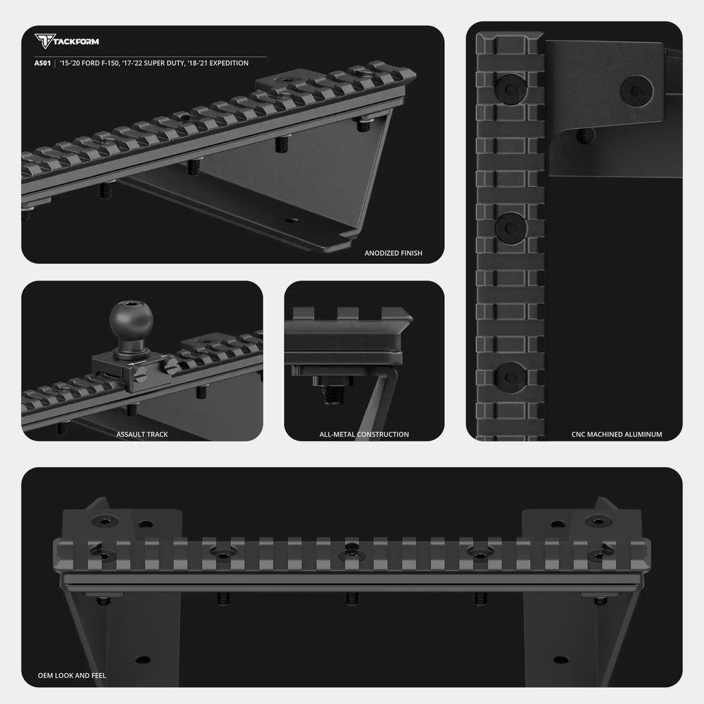 TRAXX™ - Assault Track Picatinny Dash Bracket With 20LITE Phone & Tablet Mounts | ‘15-‘20 Ford F-150, ‘17-‘22 Super Duty, ‘18-‘21 Expedition (See Compatibility Info For Year/Trim Details)