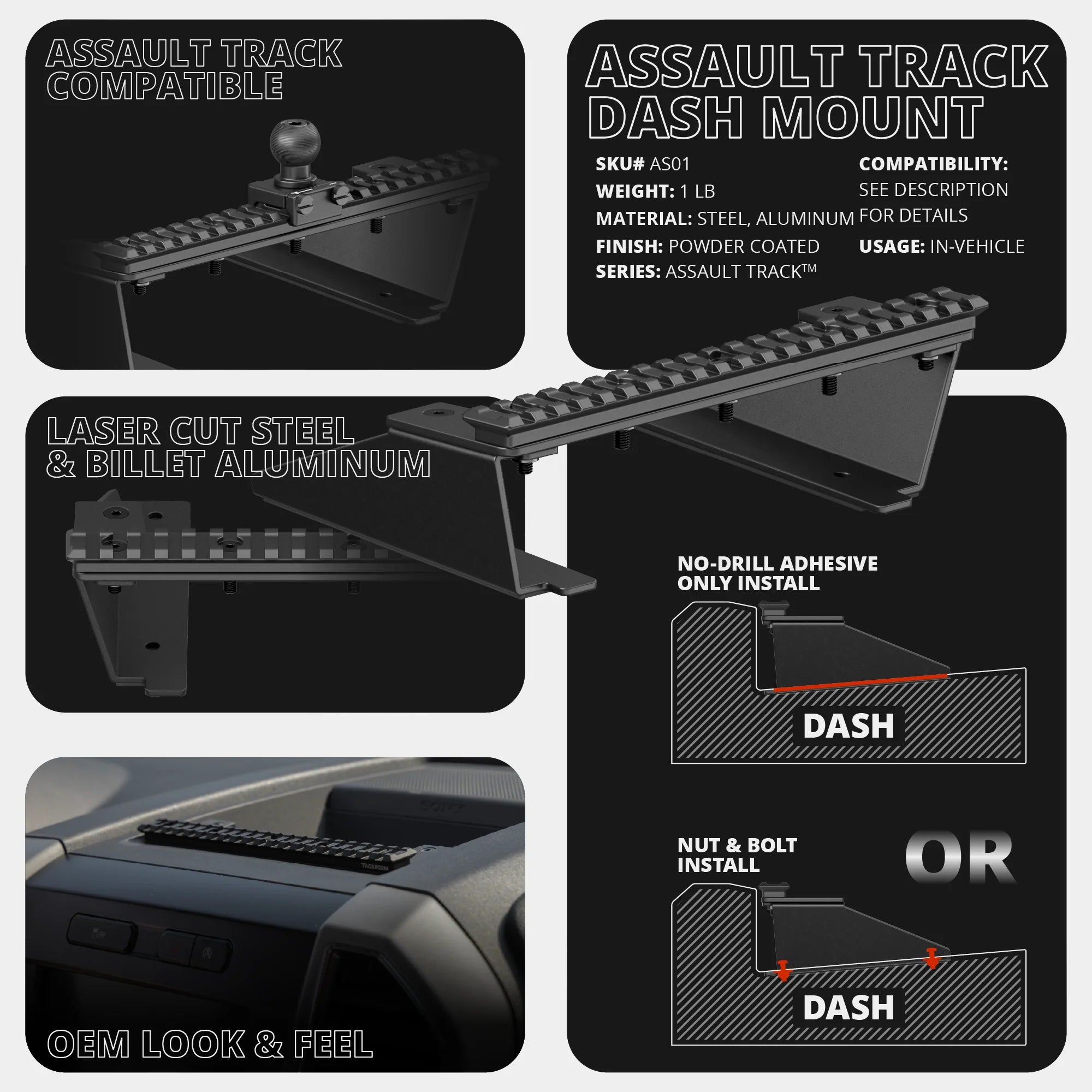 Build Your Own TRAXX™ - Assault Track Picatinny Dash Bracket | ‘15-‘20 Ford F-150, ‘17-‘22 Super Duty, ‘18-‘21 Expedition (See Compatibility Info For Year/Trim Details)