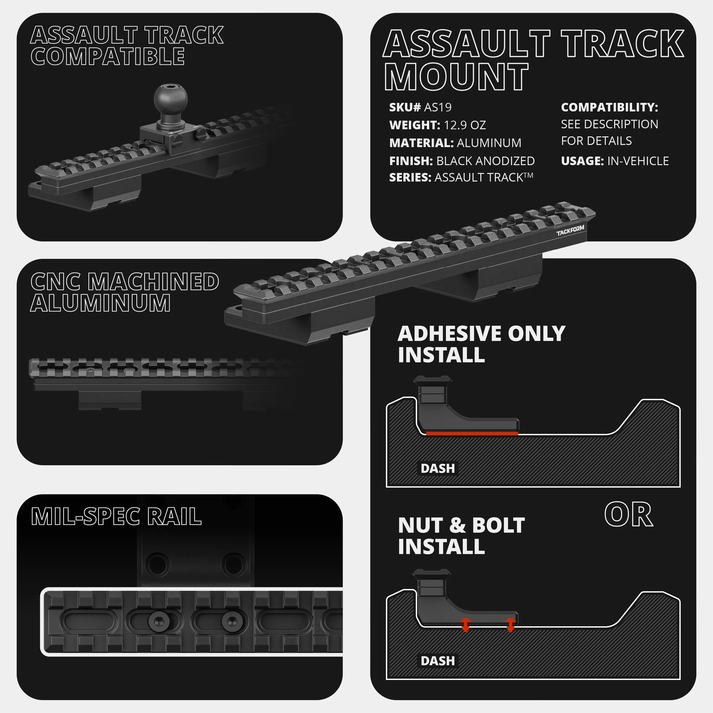 TRAXX™ - Assault Track Picatinny Dash Bracket With 20LITE Phone Holder | 2019-2023 Ford Ranger (WITHOUT Switch Panel)