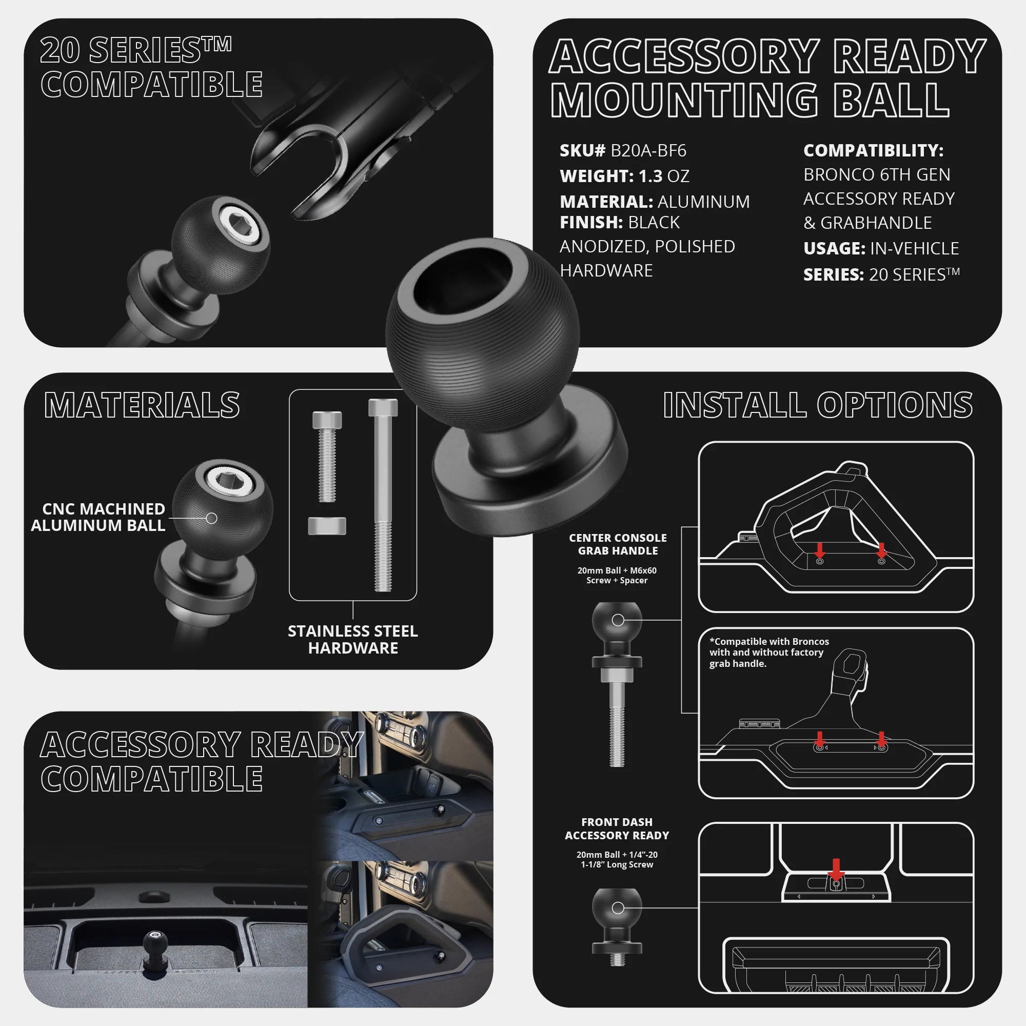 LINK™ GoPro/Action Camera Mount | Accessory Ready Dash and Grab Handle Compatible | 2021+ Ford Bronco | 7.5"-9.25" Telescoping Arm