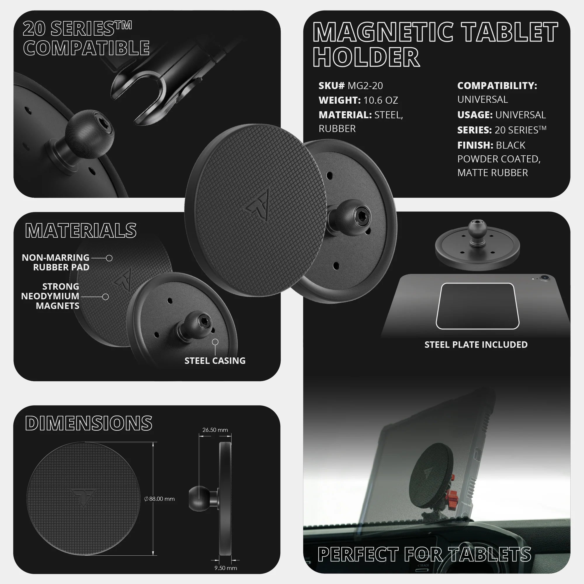 Magnetic Tablet Holder | TRAXX™ - Slim Track Base | 2" DuraLock™ Arm