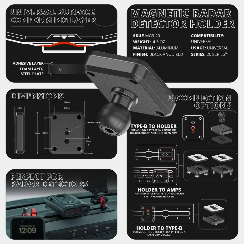 TRAXX™ - Slim Track Dash Bracket With 20LITE Phone Mount and Magnetic Radar Detector Holder | Telescoping Arm | 2024-2026 Ford F-150 (See Compatibility Info For Specific Year/Trim Fitment Details)