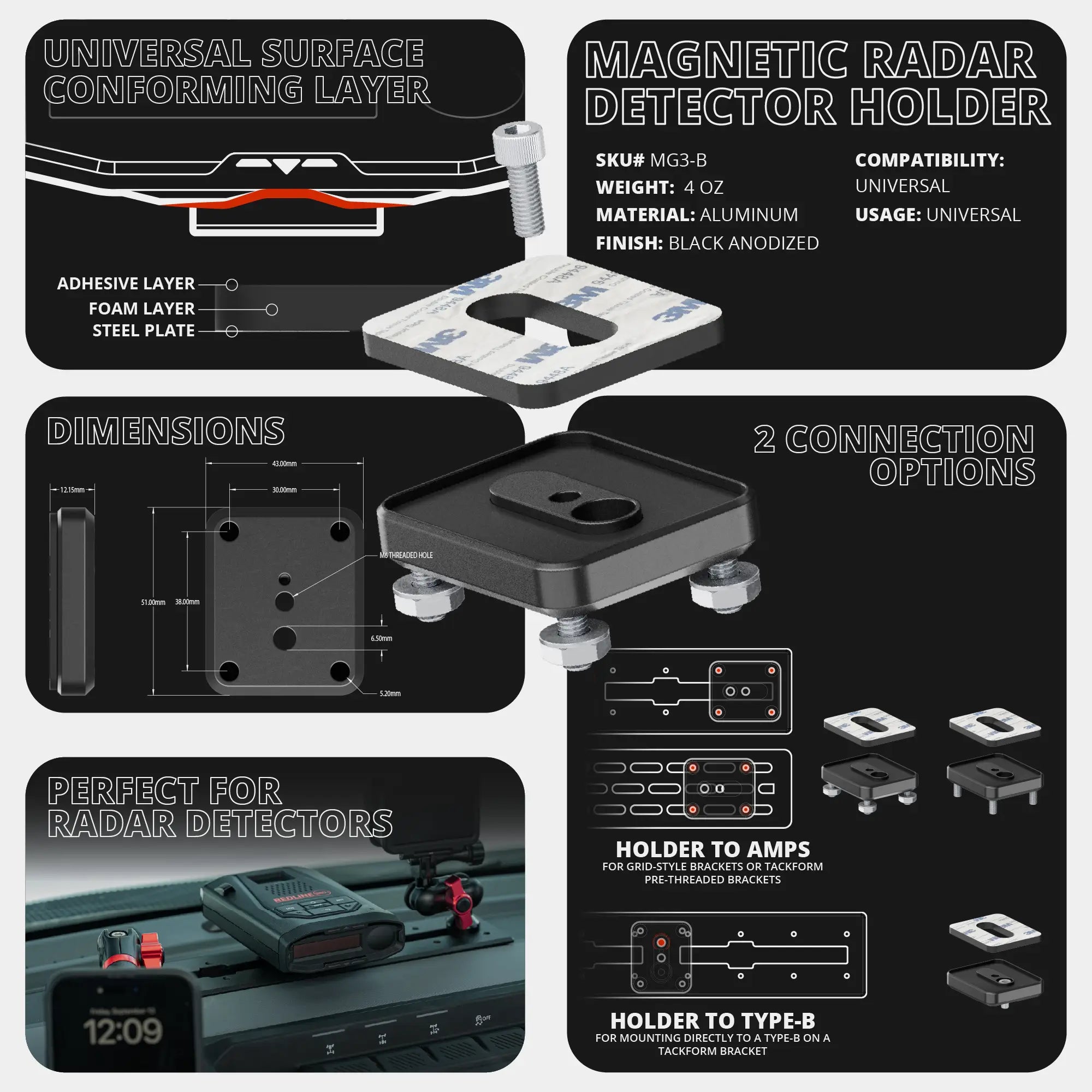 TRAXX™ - Assault Track Picatinny Dash Bracket With 20LITE Phone Mount and Magnetic Radar Detector Holder | Telescoping Arm | 2024-2026 Ford F-150 (See Compatibility Info For Specific Year/Trim Fitment Details)