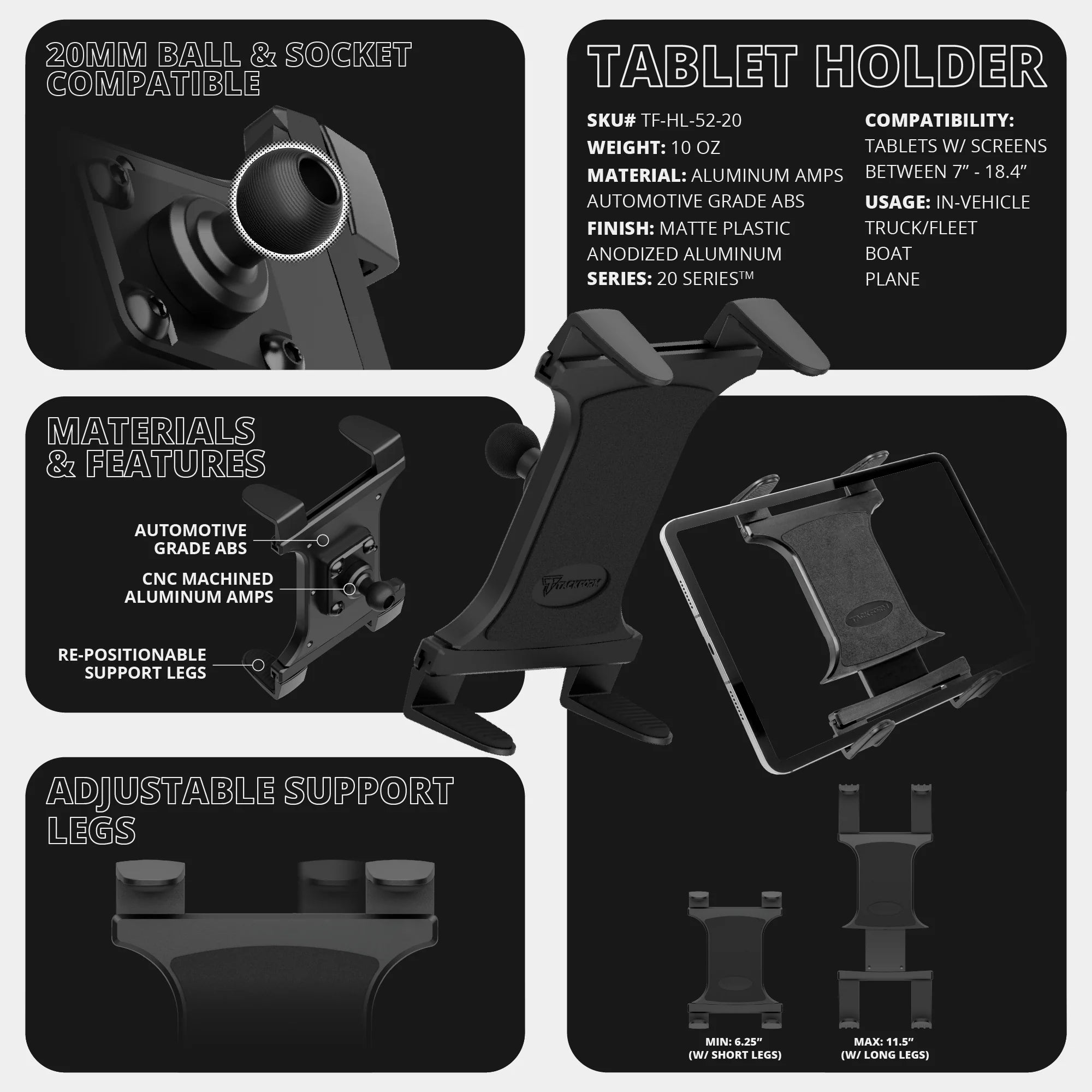 TRAXX™ - Slim Track Dash Bracket With 20LITE Phone Holder & Tablet Holder | 2019-2023 Ford Ranger (WITHOUT Switch Panel)