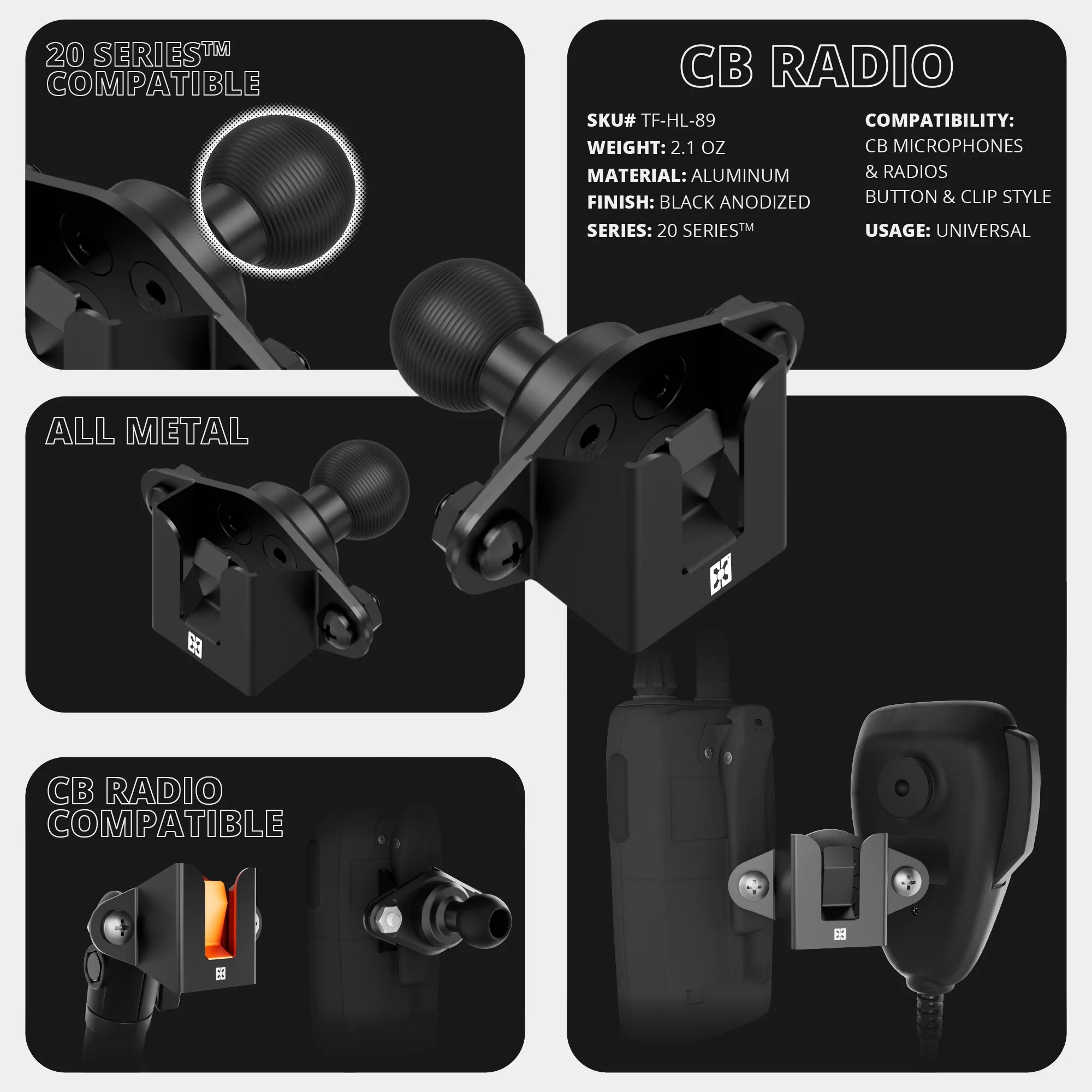 LINK™ 2-in-1 CB Microphone/Radio Mount With Top Dash Clip | 2" Arm | 2021-2026 Ford Bronco | 6th Generation | (NOT FOR LEATHERETTE STITCHED DASH)