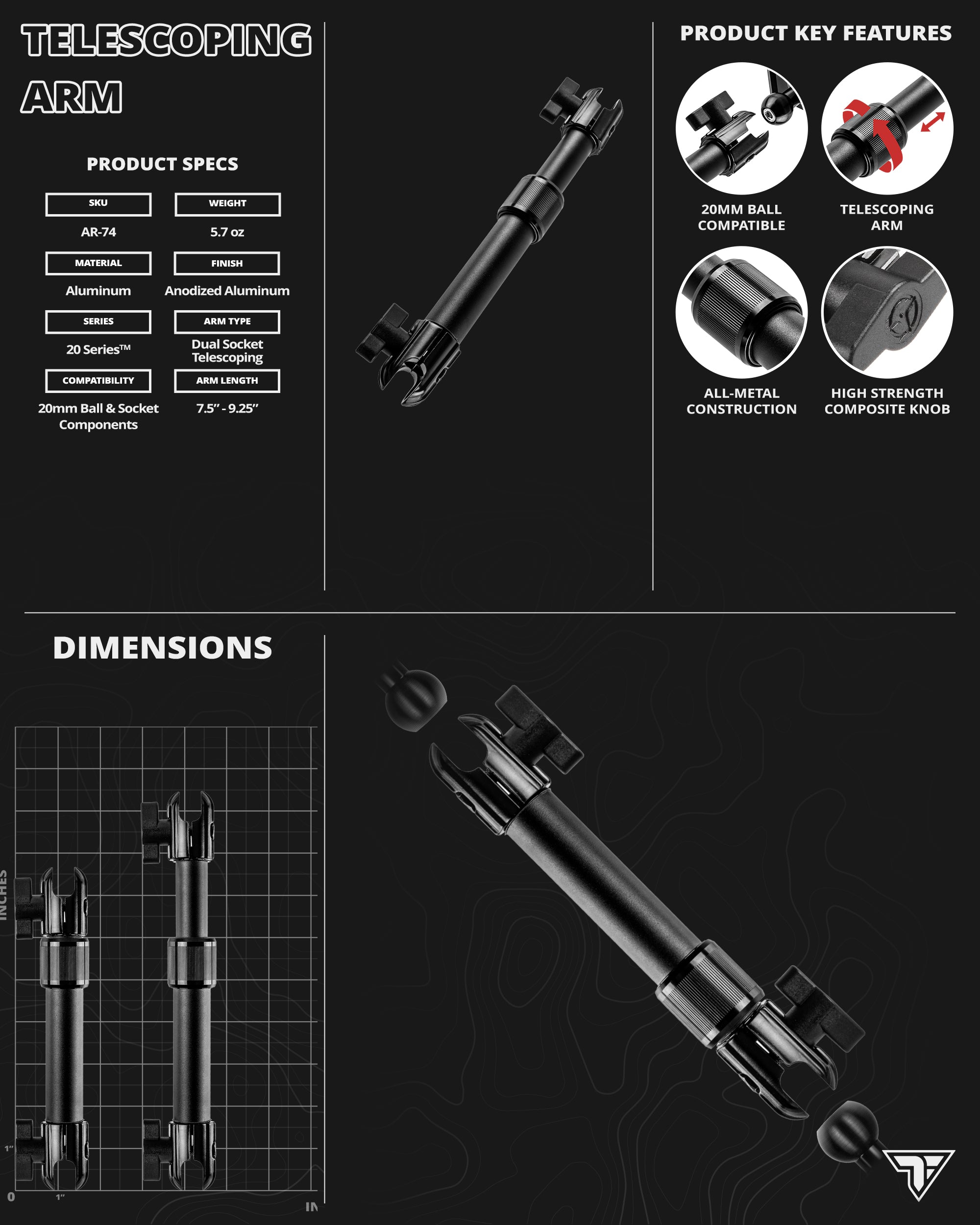 Magnetic Phone Holder | 7.5"-9.25" Telescoping Arm | 20mm TRAXX™ - Fast Track  Ball