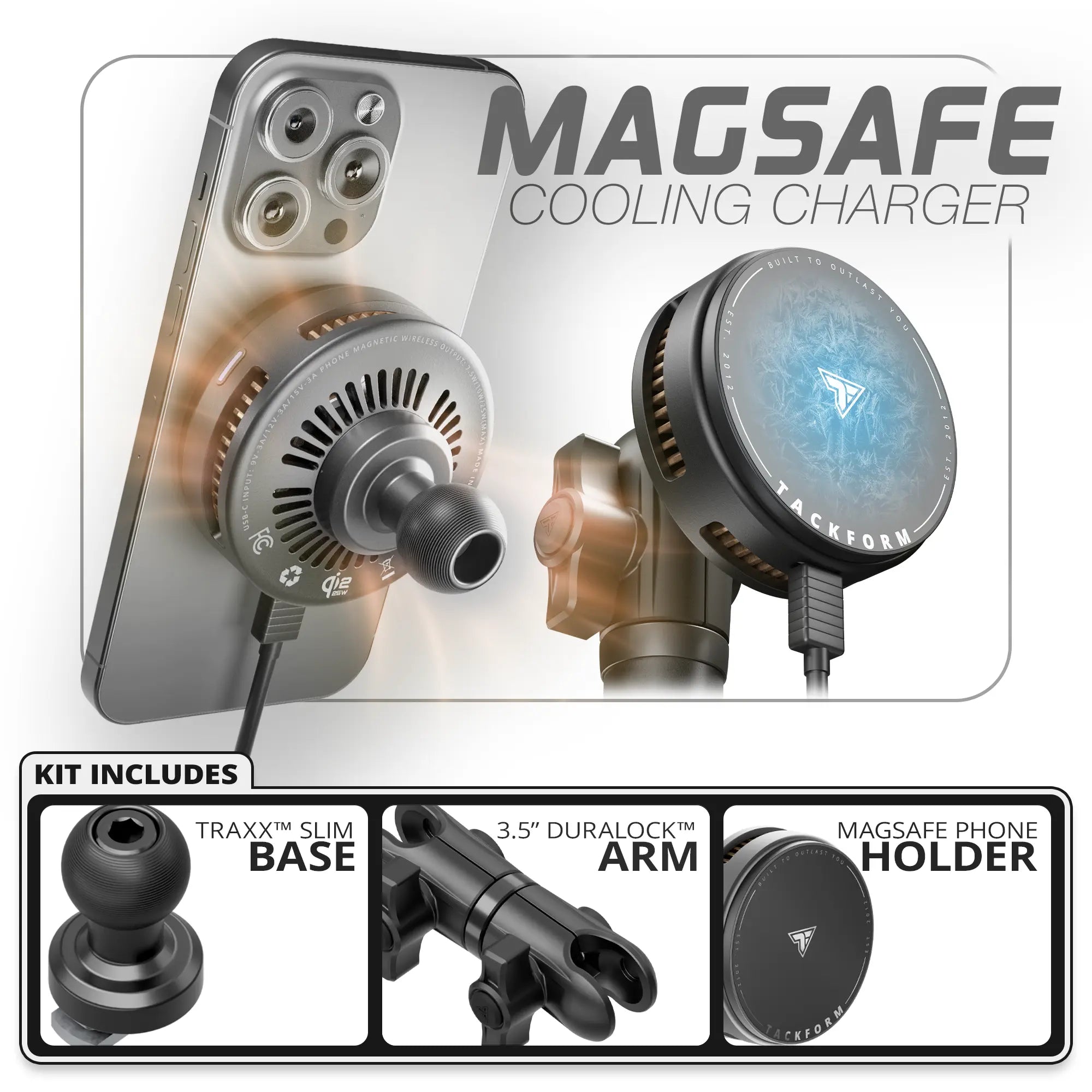 Qi2.2/MagSafe Charging & Cooling Phone Holder | TRAXX™ - Slim Track Base | 3.5" DuraLock Arm
