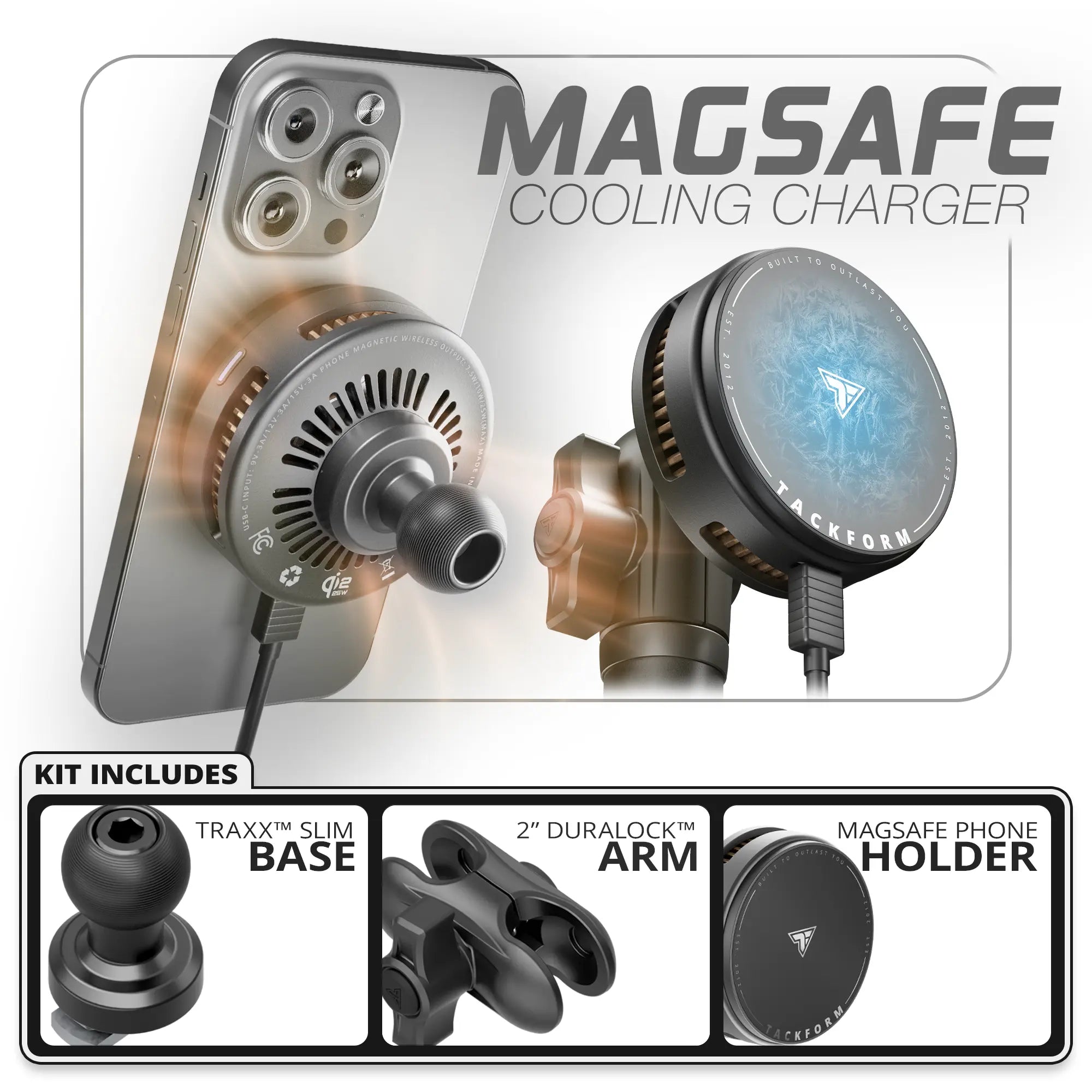 Qi2.2/MagSafe Charging & Cooling Phone Holder  | TRAXX™ - Slim Track Base | 2" DuraLock Arm