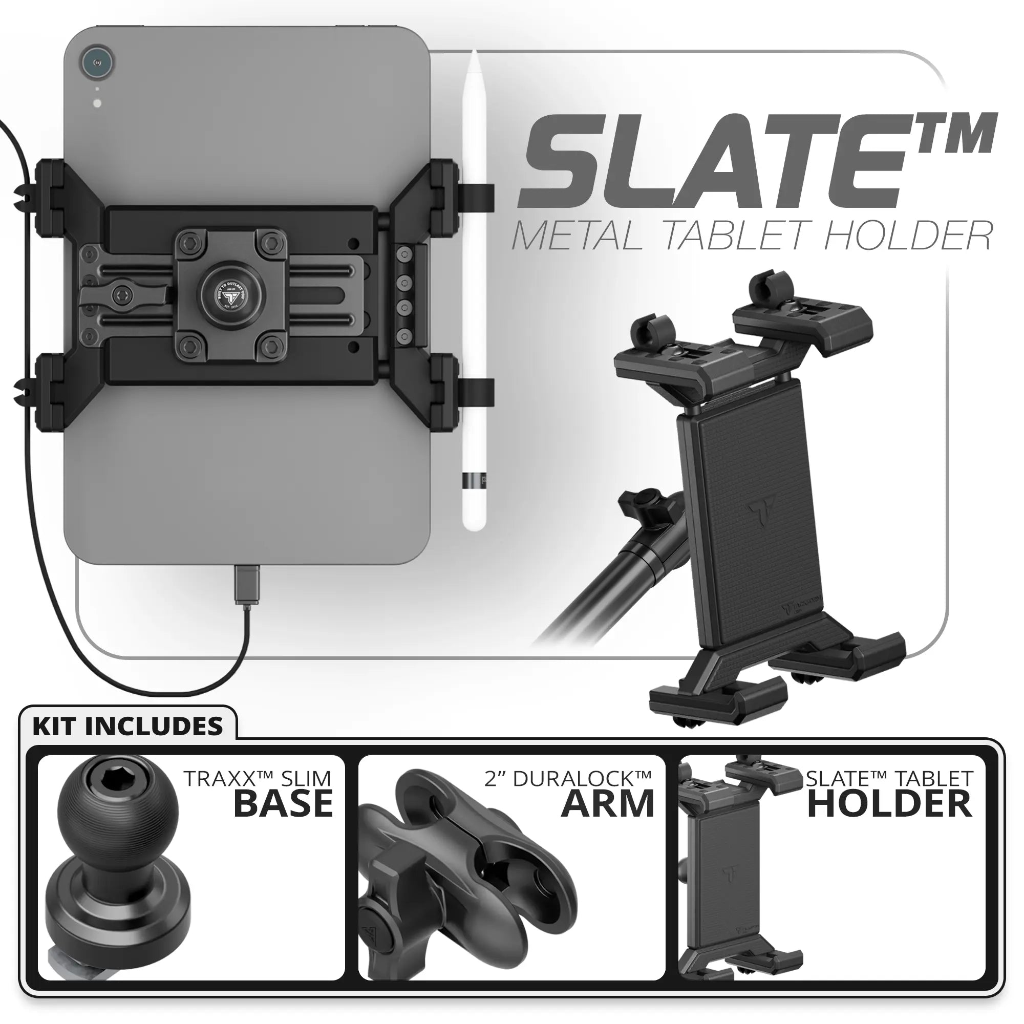 Metal Tablet Holder | TRAXX™ - Slim Track Base | 2" DuraLock Arm