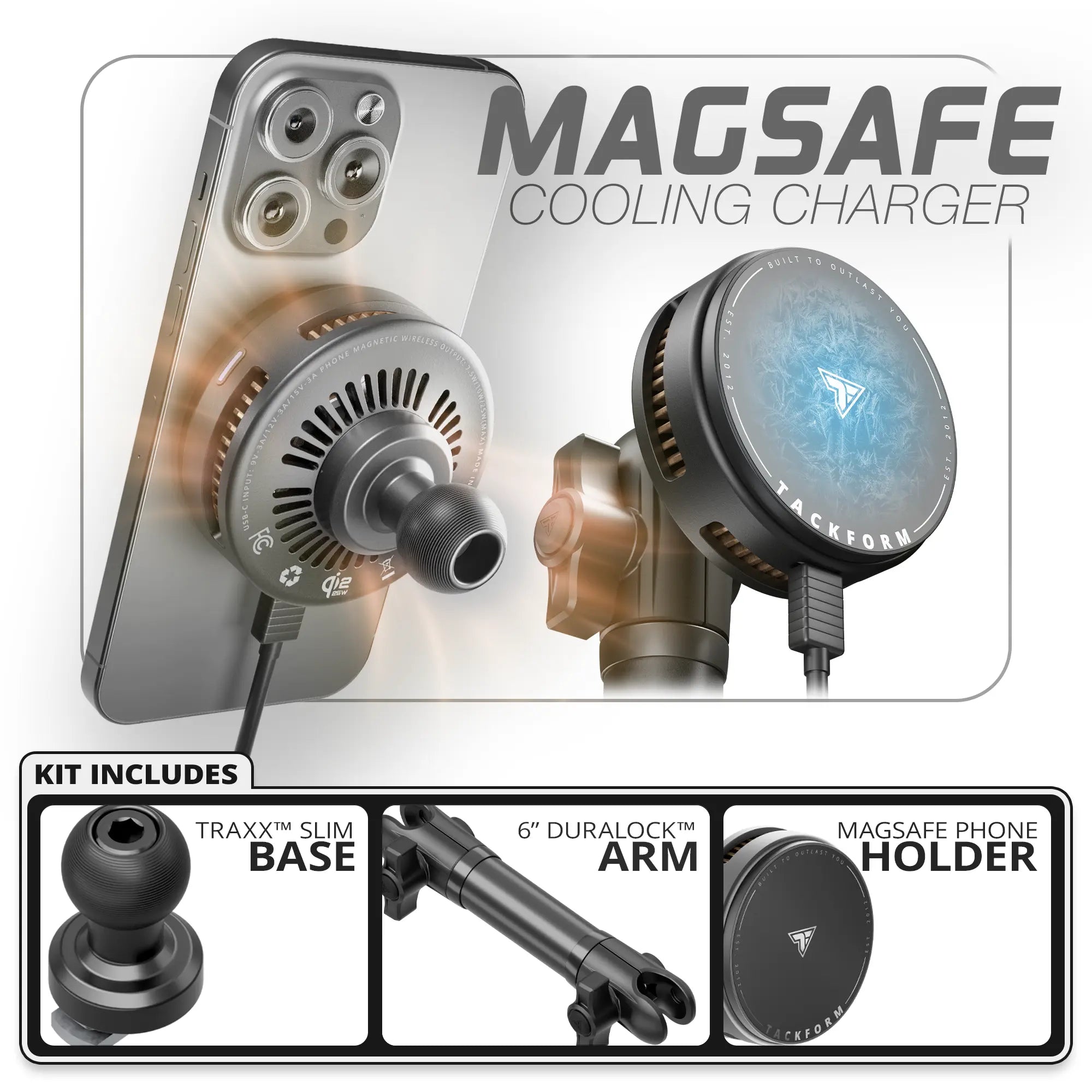 Qi2.2/MagSafe Charging & Cooling Phone Holder  | TRAXX™ - Slim Track Base | 6" DuraLock Arm