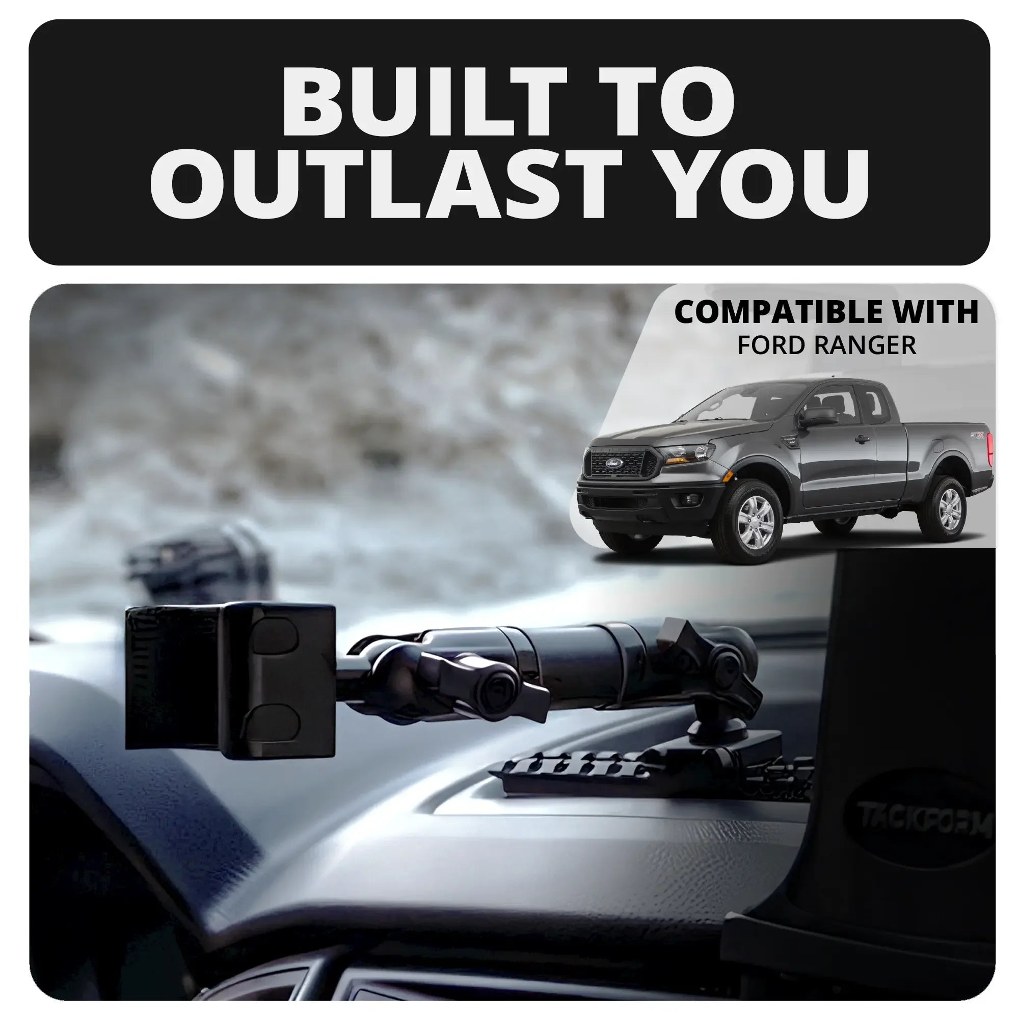 TRAXX™ - Assault Track Picatinny Dash Bracket With 20LITE Phone Holder & CB Microphone Holder | 2019-2023 Ford Ranger (WITHOUT Switch Panel)