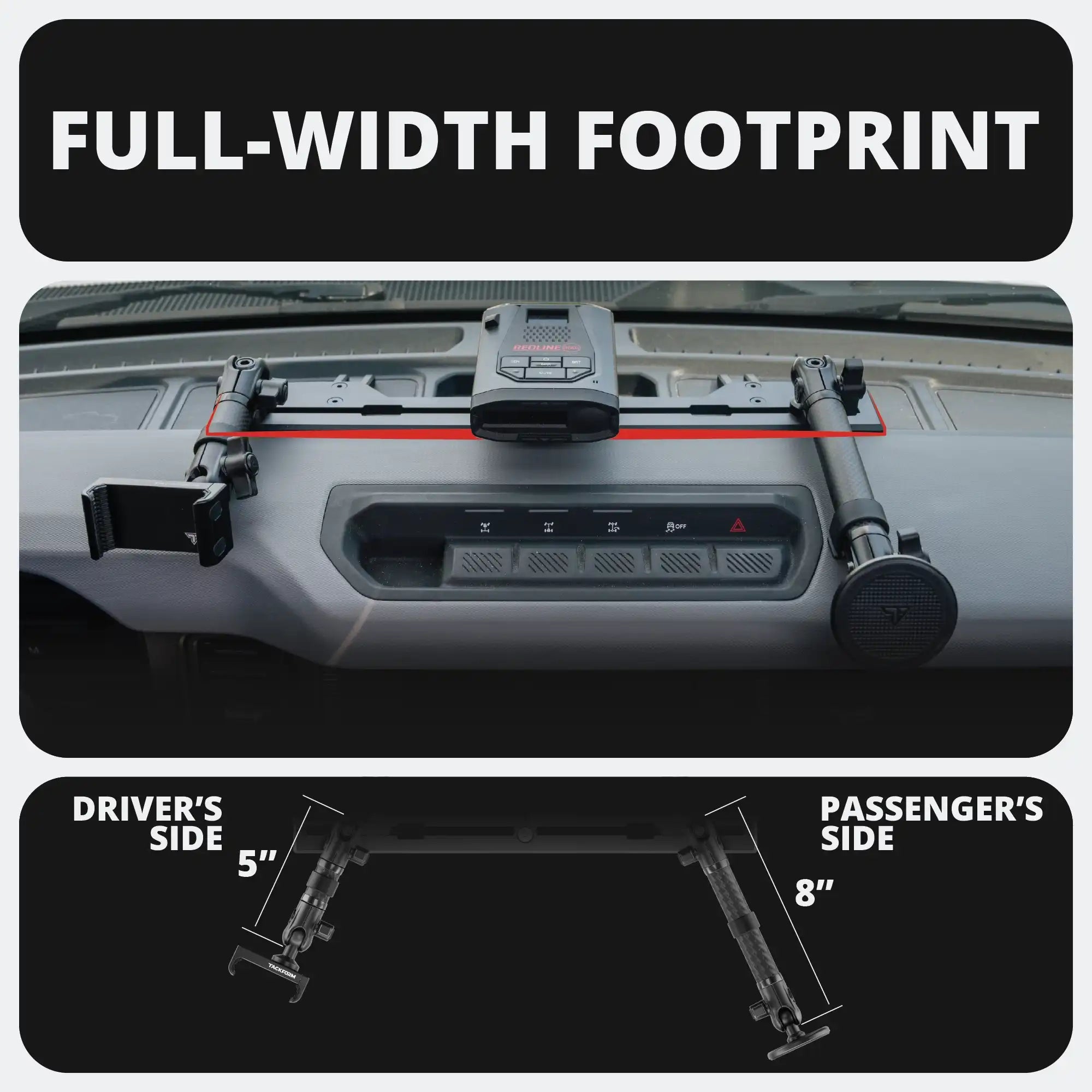 TRAXX™ - Slim Track Dash Bracket With Dual 20LITE Phone Mounts & GoPro Mount | 2021-2026 Ford Bronco & Bronco Raptor (Non-Sport)